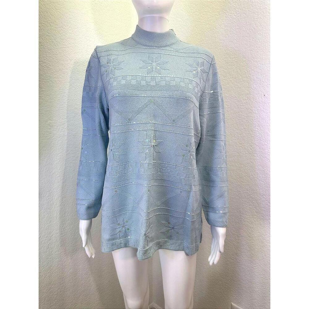St John Sport Sz S Light Blue Wool Silk Snowflake Sequin Mock Neck Sweater